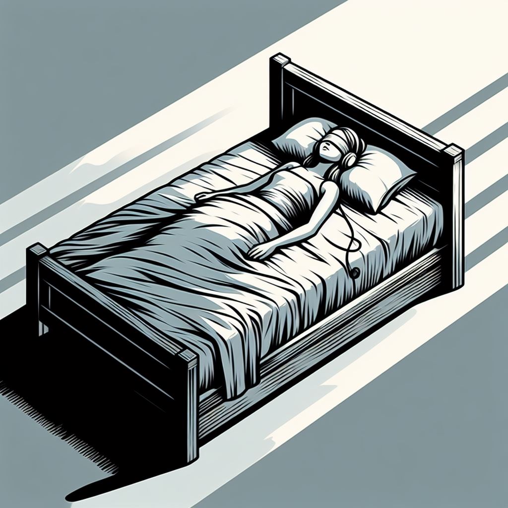 Eine Person liegt mit Augenbilde und Gehörschutz im Bett