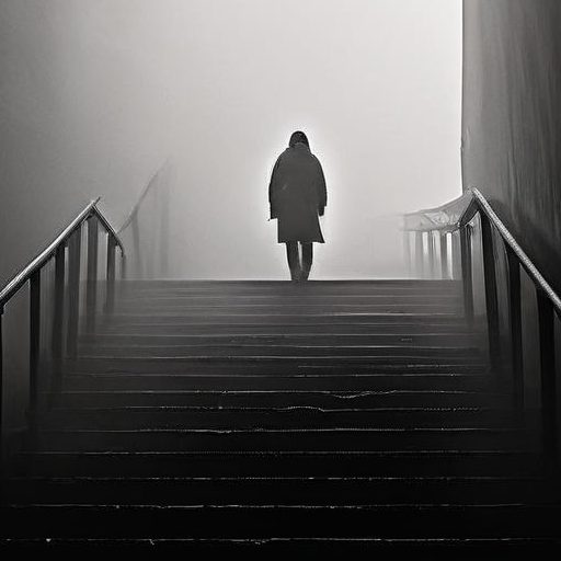 greyscale-photo-of-a-lone-individual-at-the-base-of-a-straight-stairway-that-ascends-into-vanishing- Stimmen aus dem Off